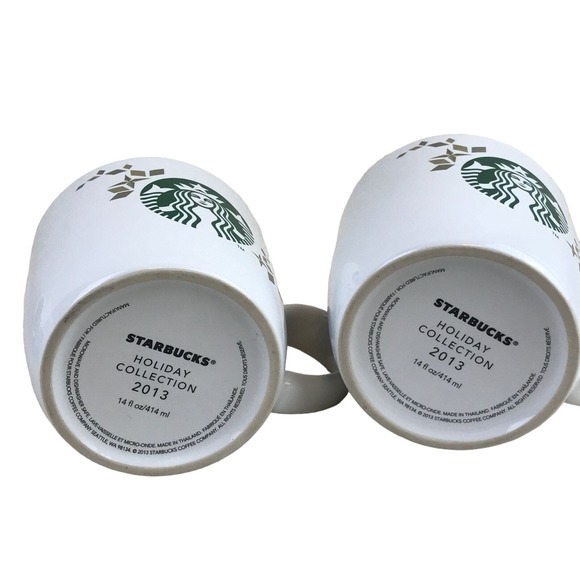 Starbucks 2 Mug‎ Lot Holiday Collection 2013 Mermaid Siren Logo Gold Snowflakes - Picture 7 of 8